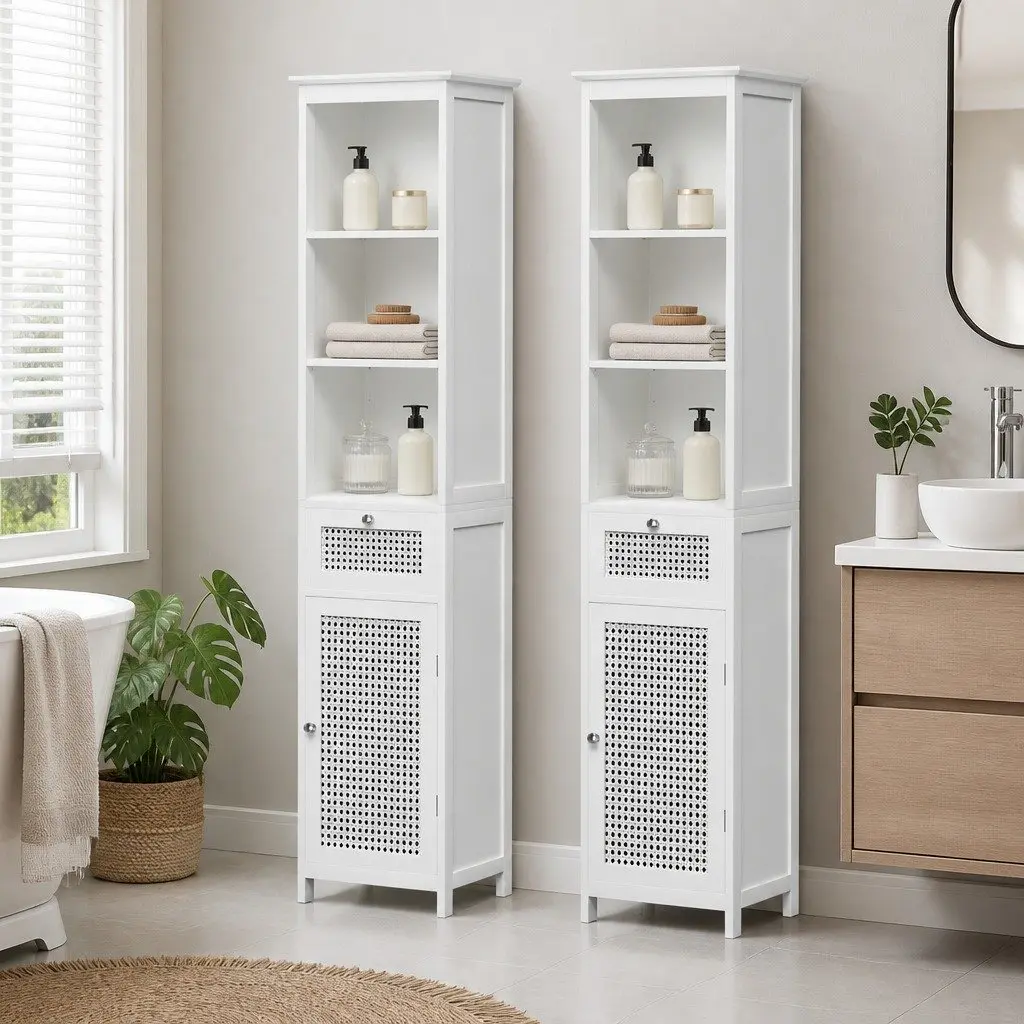 Bathroom Storage Cabinet with Rattan Panels and Drawers
