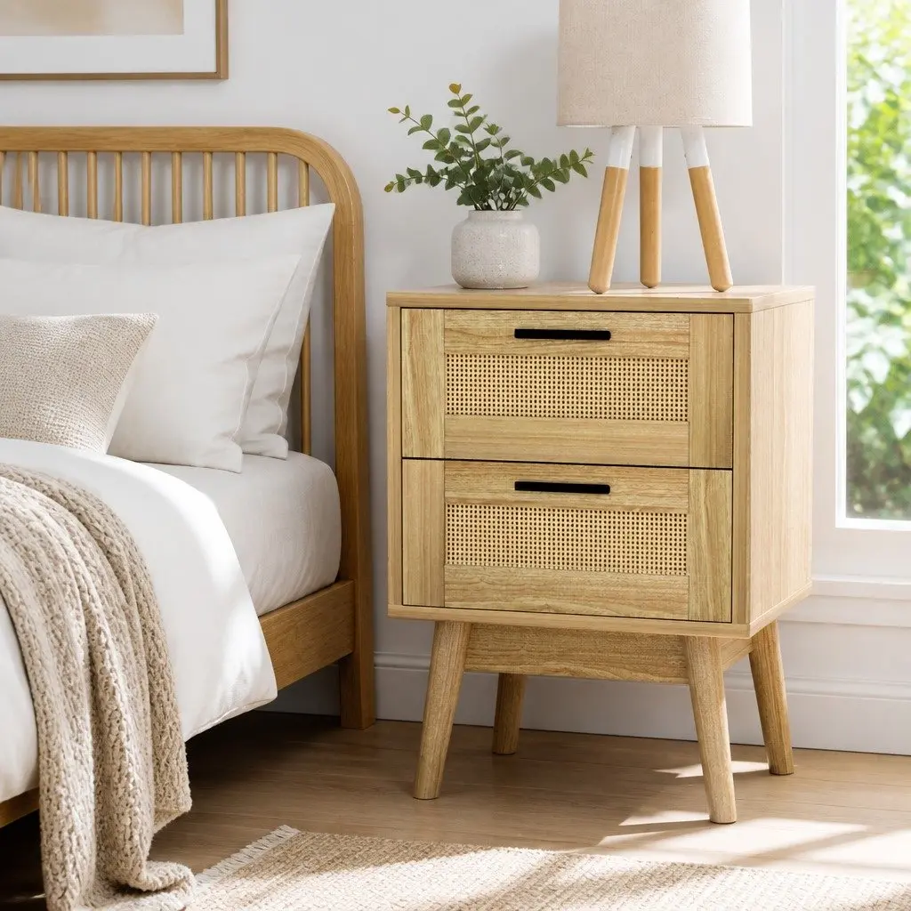 Rattan Bedside Table 2 Drawers Wood Open Shelf Storage Bedroom Furniture