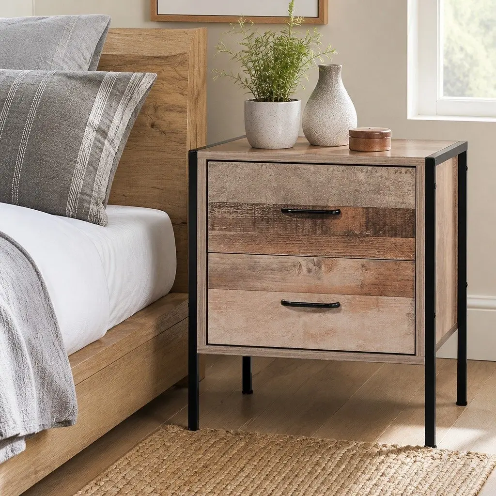 Bedside Table Nightstand Storage Cabinet 2 Drawers Black Dark Oak 42.5cm W 39cm D 51cm H