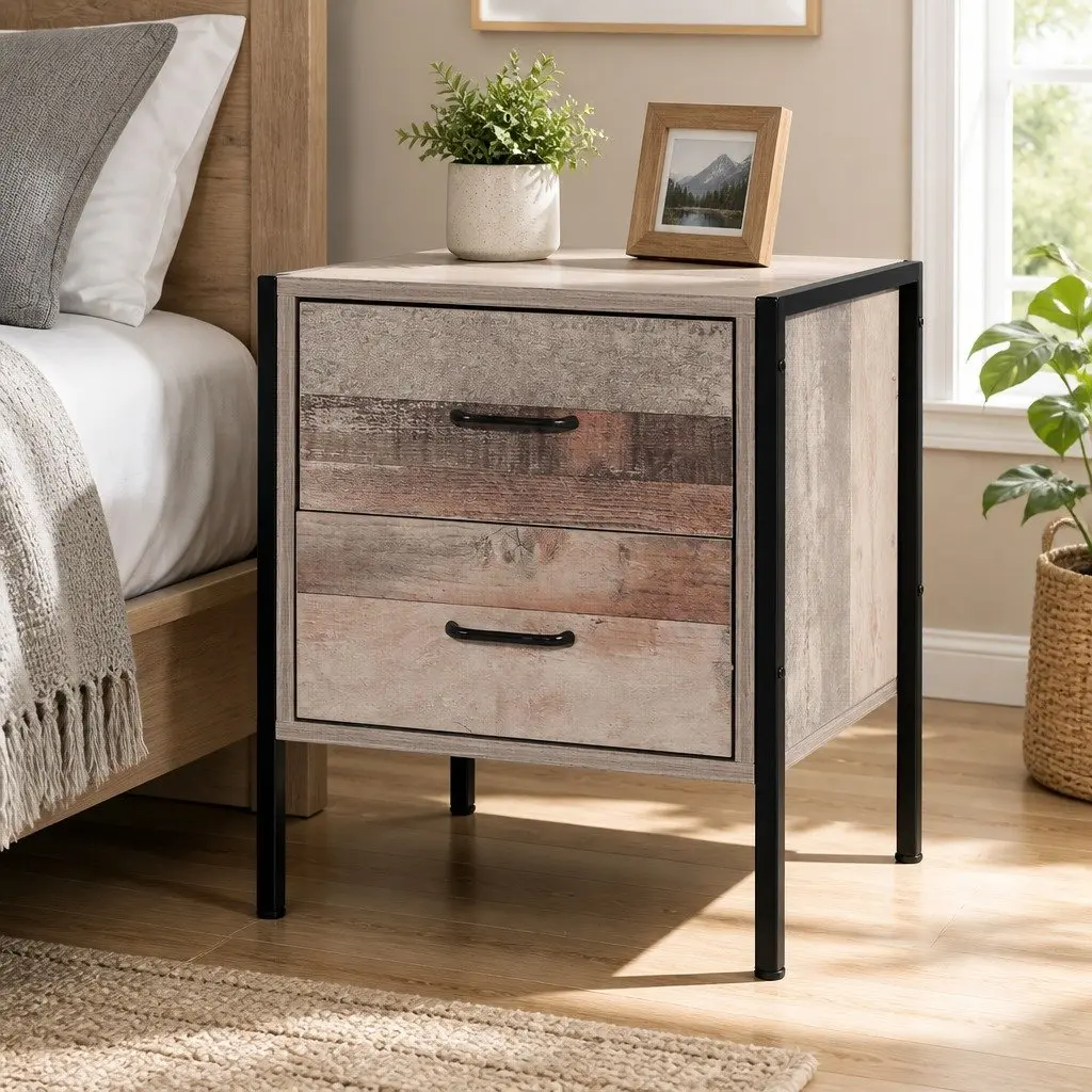 Bedside Table Nightstand Storage Cabinet 2 Drawers Black Dark Oak 42.5cm W 39cm D 51cm H