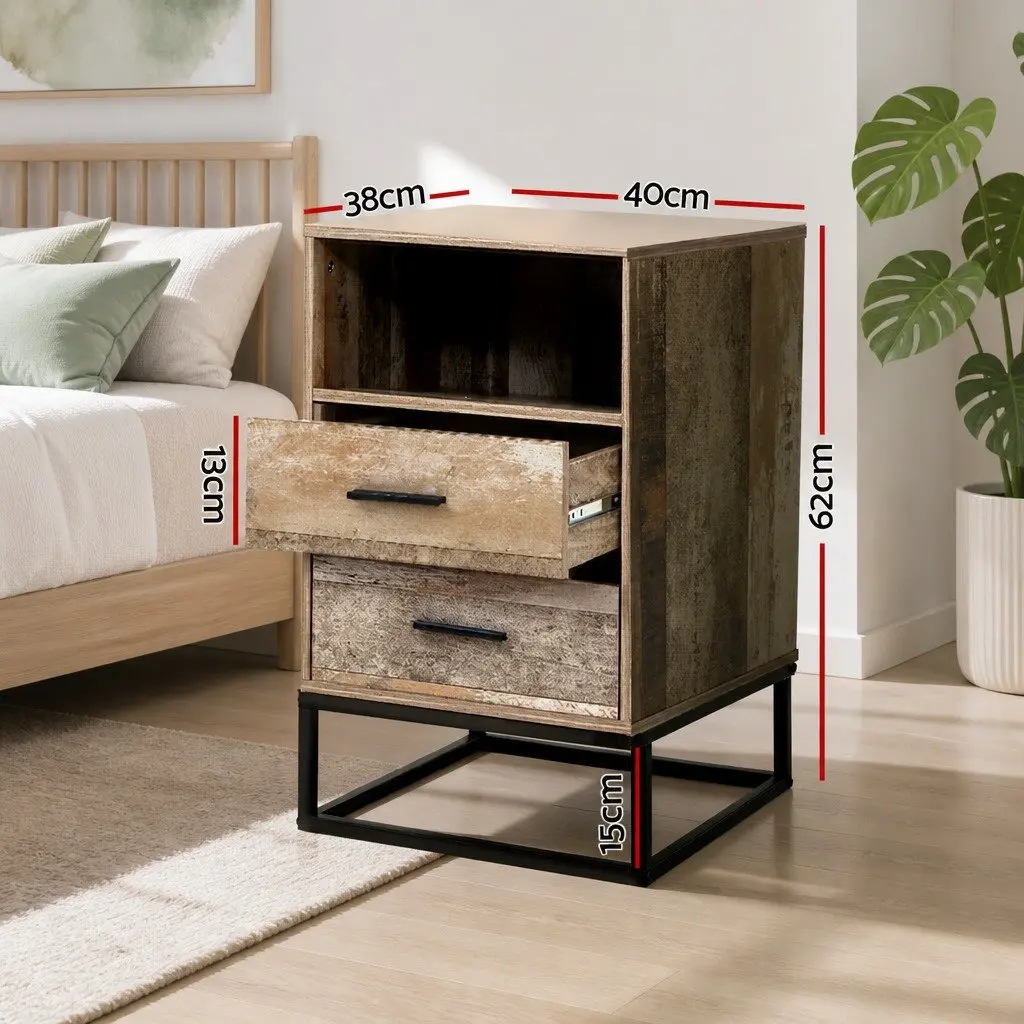 Bedside Table 2 Drawers with Shelf Industrial Design Bedroom Storage Nightstand