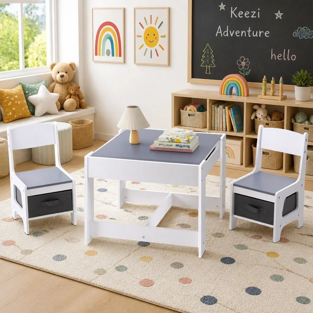 Kids Table and Chairs Set Activity Desk Chalkboard Storage Grey