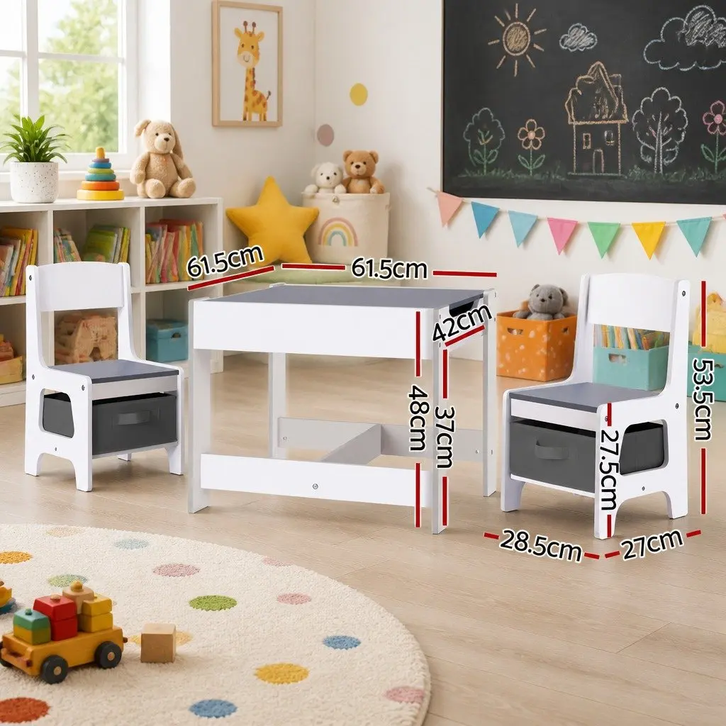 Kids Table and Chairs Set Activity Desk Chalkboard Storage Grey