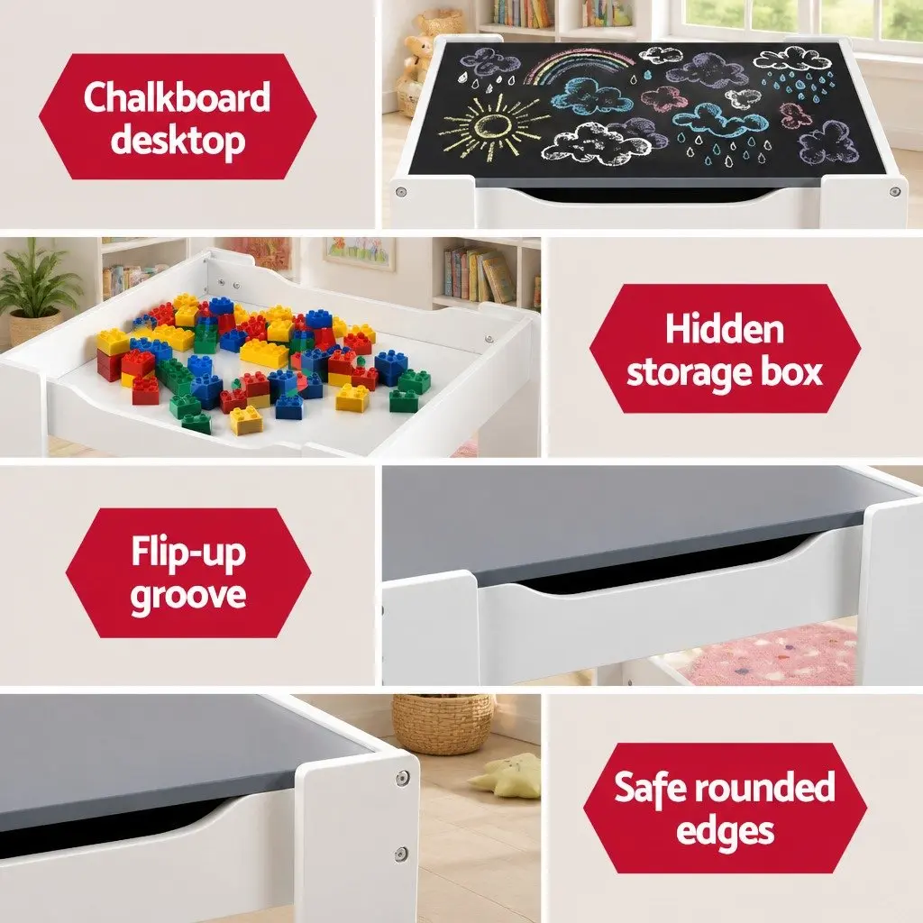Kids Table and Chairs Set Activity Desk Chalkboard Storage Grey