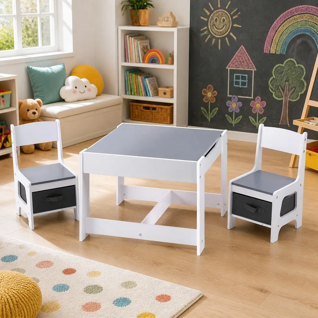 Kids Table and Chairs Set Activity Desk Chalkboard Storage Grey