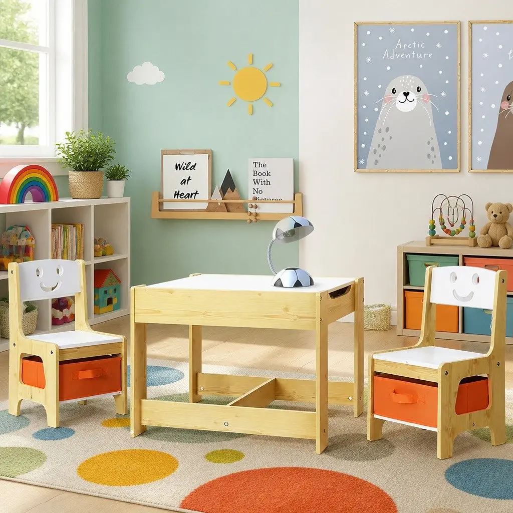 Kids Table and Chairs Set Activity Desk Reversible Desktop Storage White and Natural