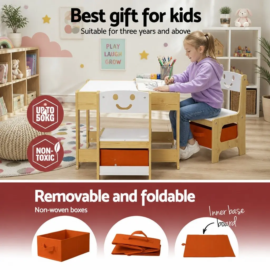 Kids Table and Chairs Set Activity Desk Reversible Desktop Storage White and Natural