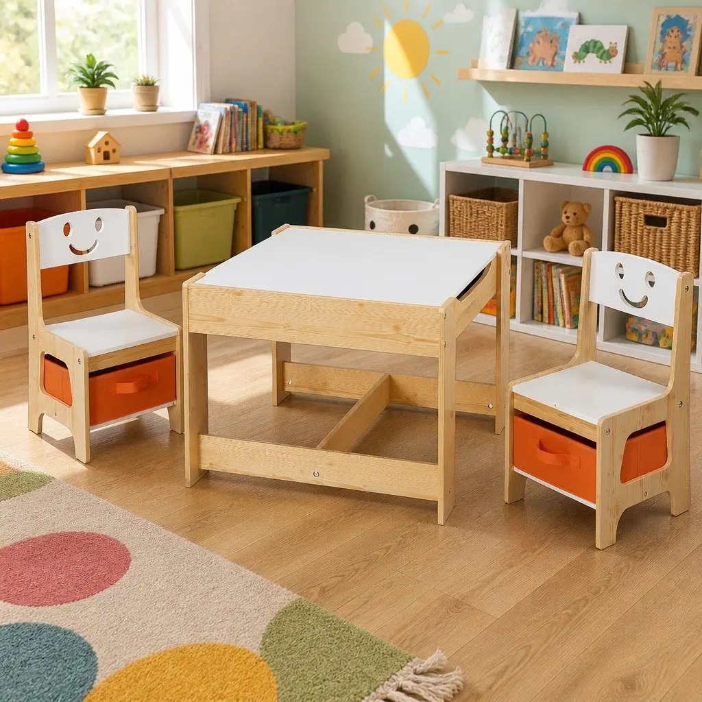 Kids Table and Chairs Set Activity Desk Reversible Desktop Storage White and Natural