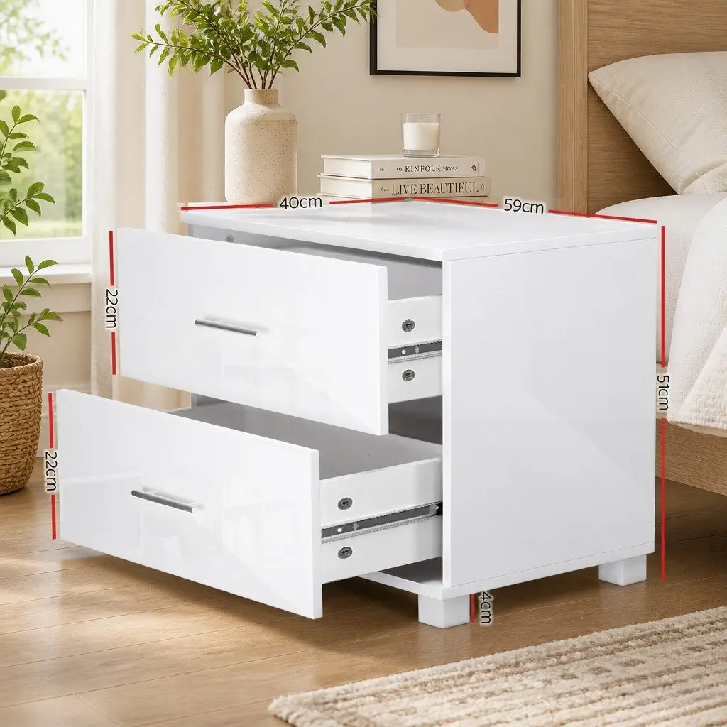 Bedside Table 2 Drawers White High Gloss Modern Storage Cabinet Side Table