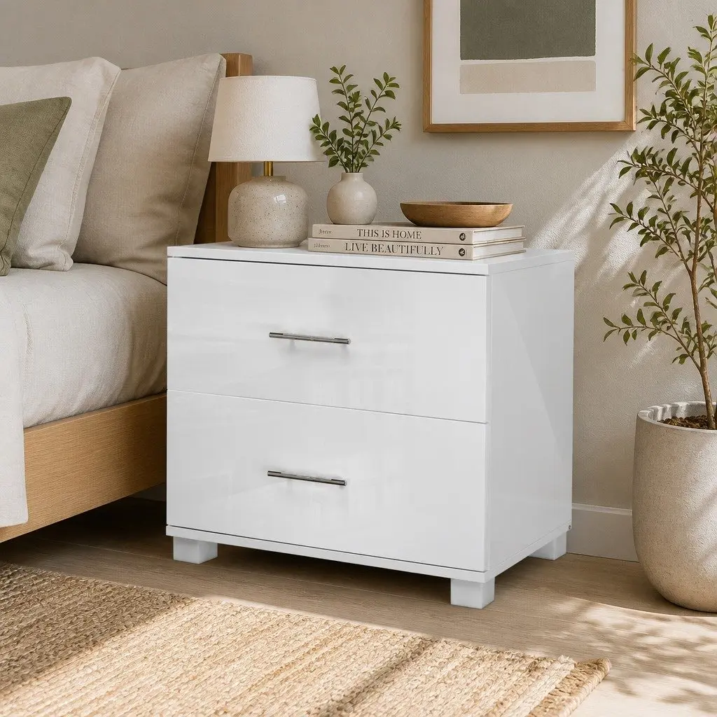 Bedside Table 2 Drawers White High Gloss Modern Storage Cabinet Side Table