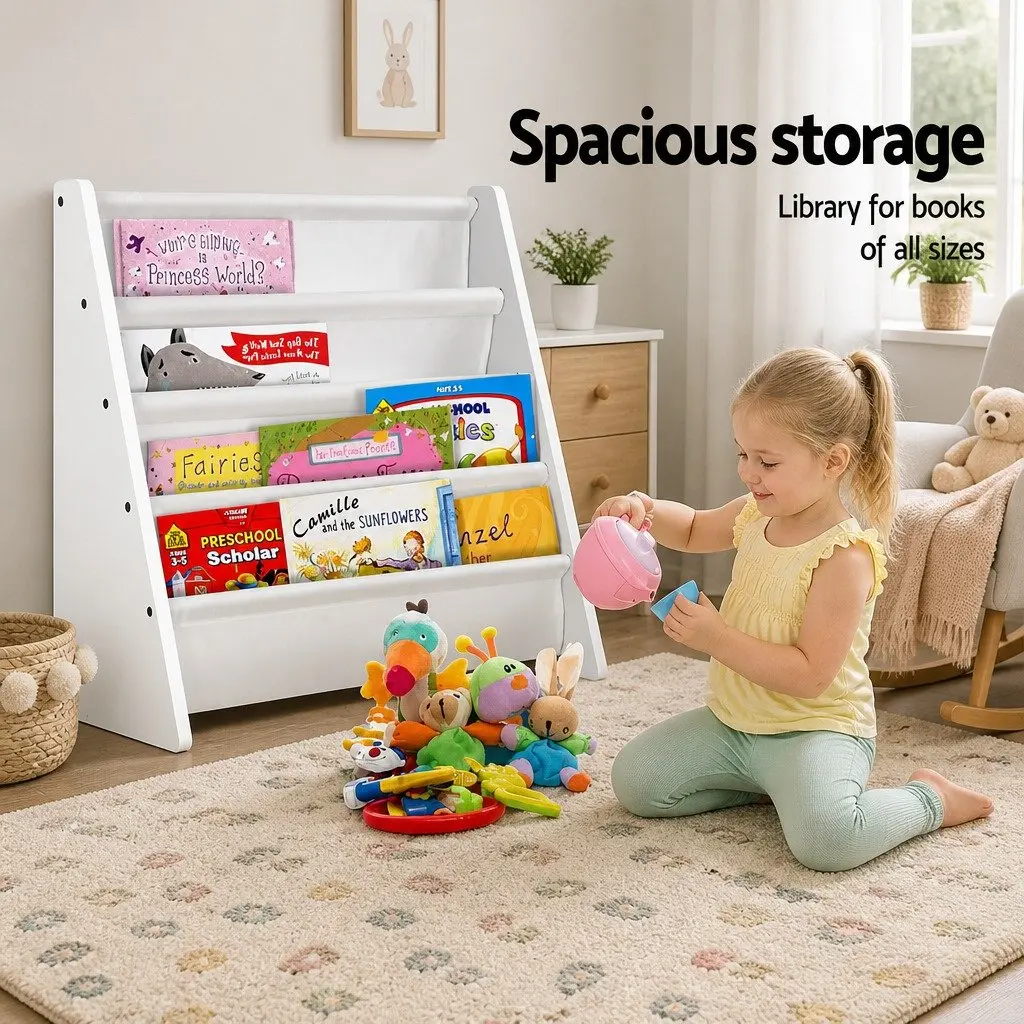 Kids Bookshelf 4 Tier White Organiser Rack Storage Playroom Children Bookcase