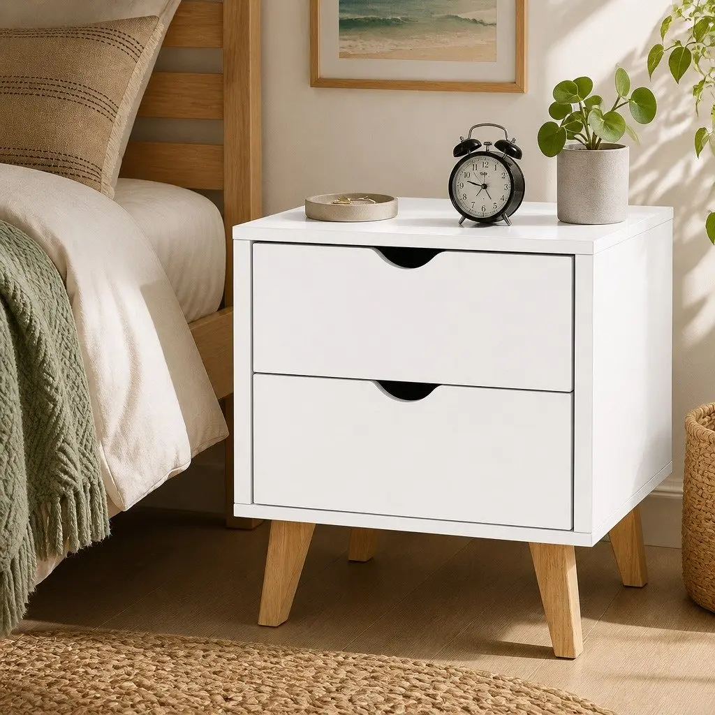 White 2 Drawer Bedside Table Wooden Bedroom Nightstand Storage Cabinet