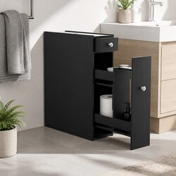 Bathroom Storage Cabinet Slim Toilet Tissue Box Caddy Holder Side Wooden Black