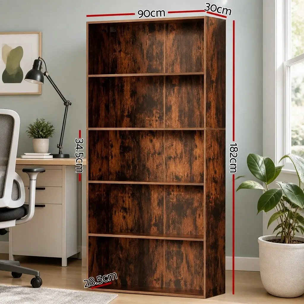 5 Tier Bookshelf Brown Storage Cabinet Organiser for Living Room Display 90cm Width 182cm Height