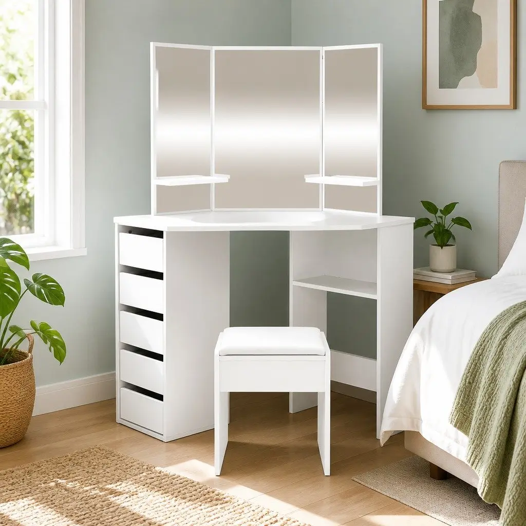 Corner Dressing Table Set with Padded Stool