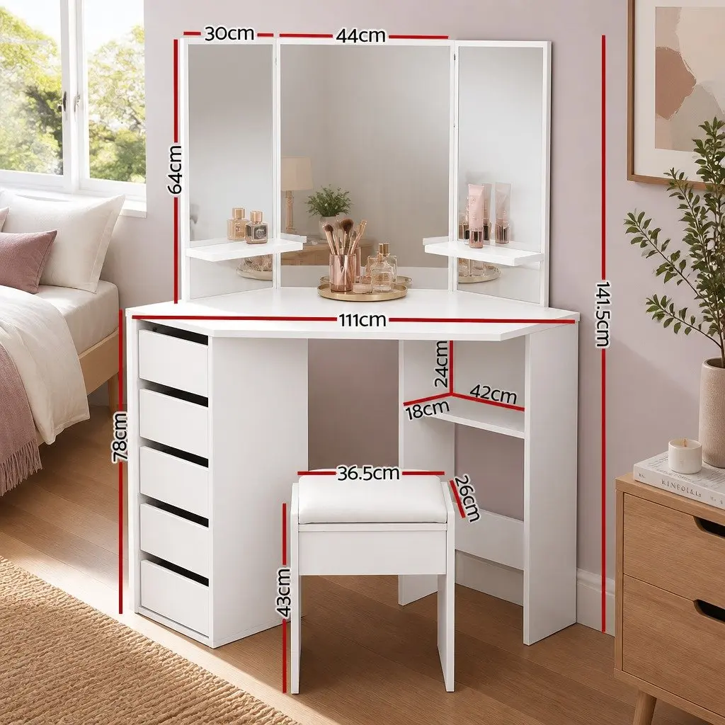 Corner Dressing Table Set with Padded Stool
