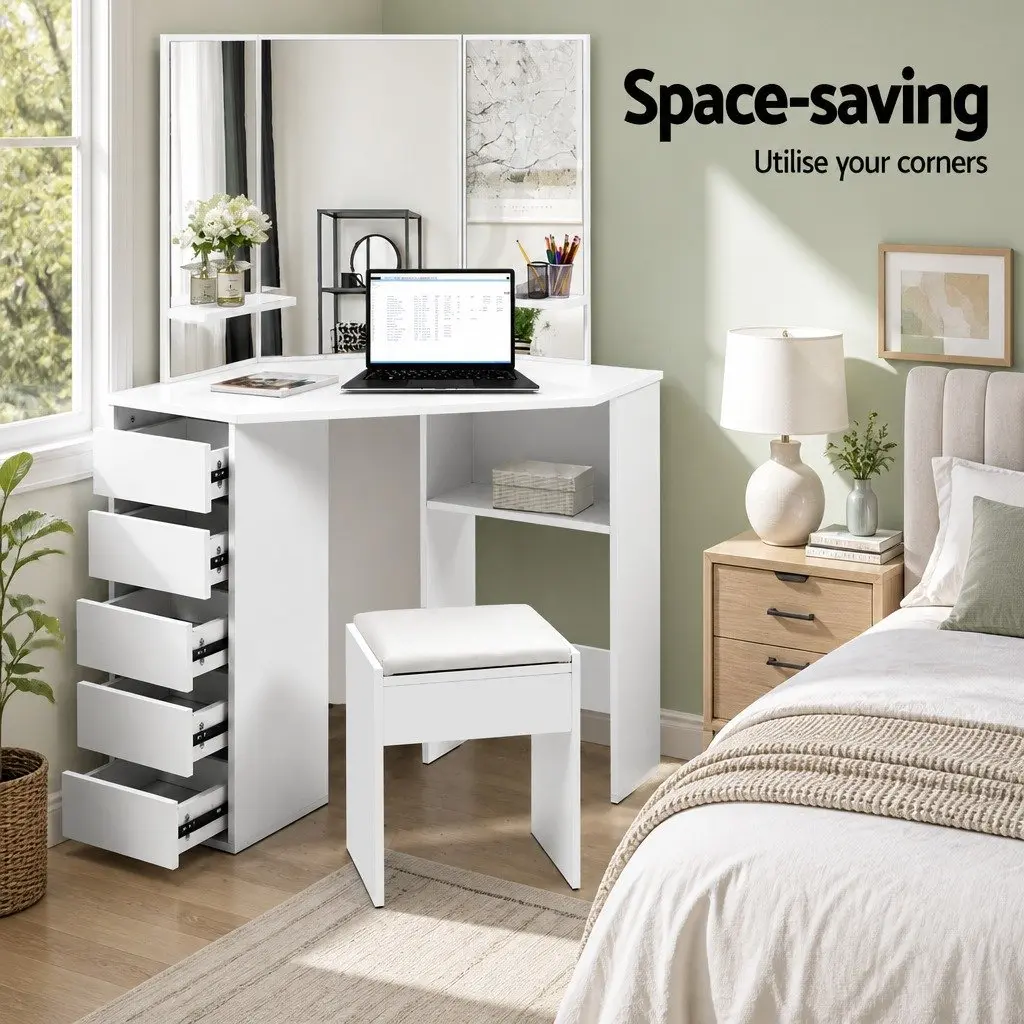 Corner Dressing Table Set with Padded Stool