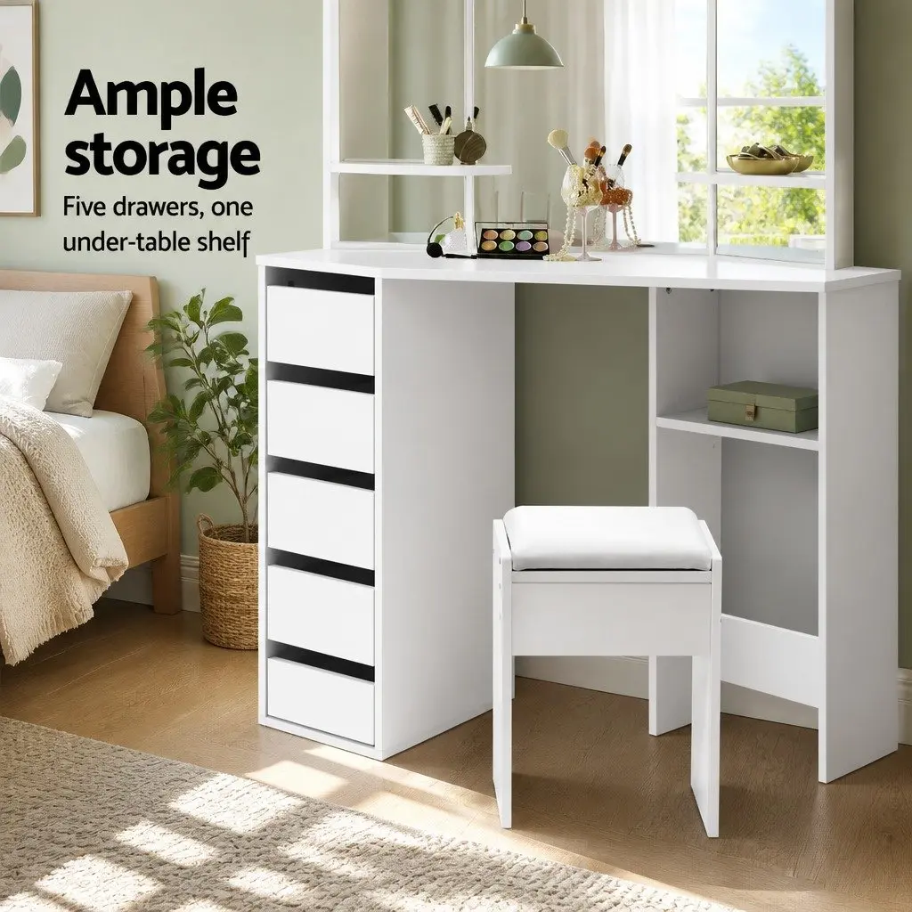 Corner Dressing Table Set with Padded Stool