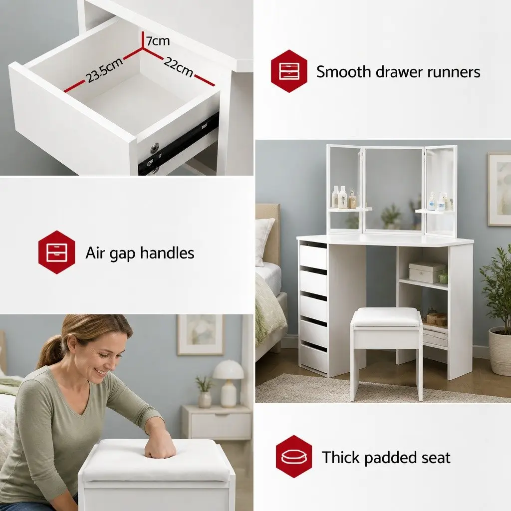 Corner Dressing Table Set with Padded Stool