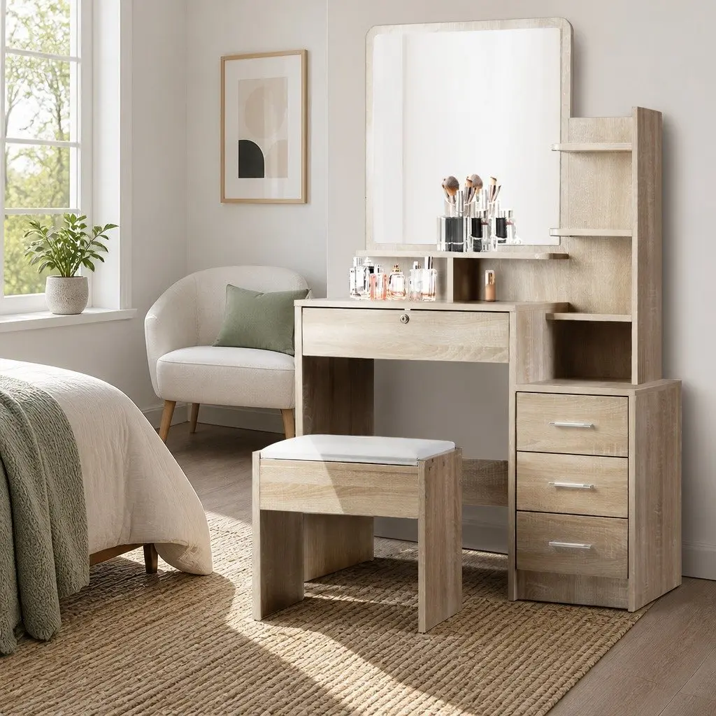 Dressing Table Stool Set 4 Drawers Oak Bedroom Vanity Mirror Storage Shelves