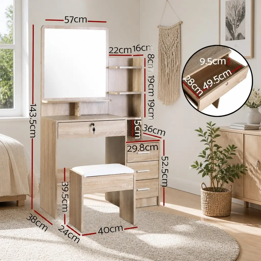 Dressing Table Stool Set 4 Drawers Oak Bedroom Vanity Mirror Storage Shelves