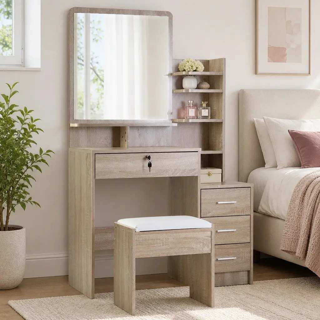 Dressing Table Stool Set 4 Drawers Oak Bedroom Vanity Mirror Storage Shelves
