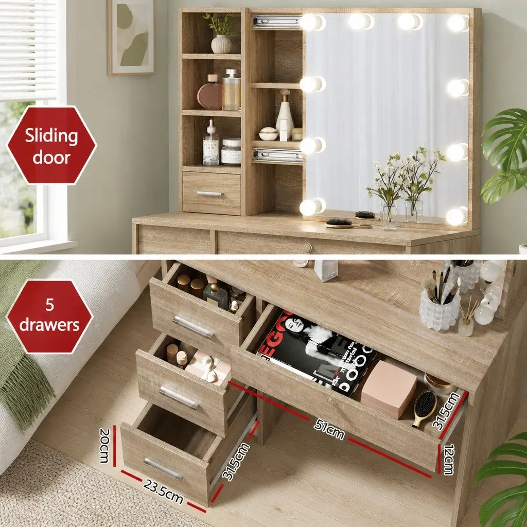 Dressing Table Set Hollywood Makeup Vanity with Stool 10 LED Bulbs Wood Colour