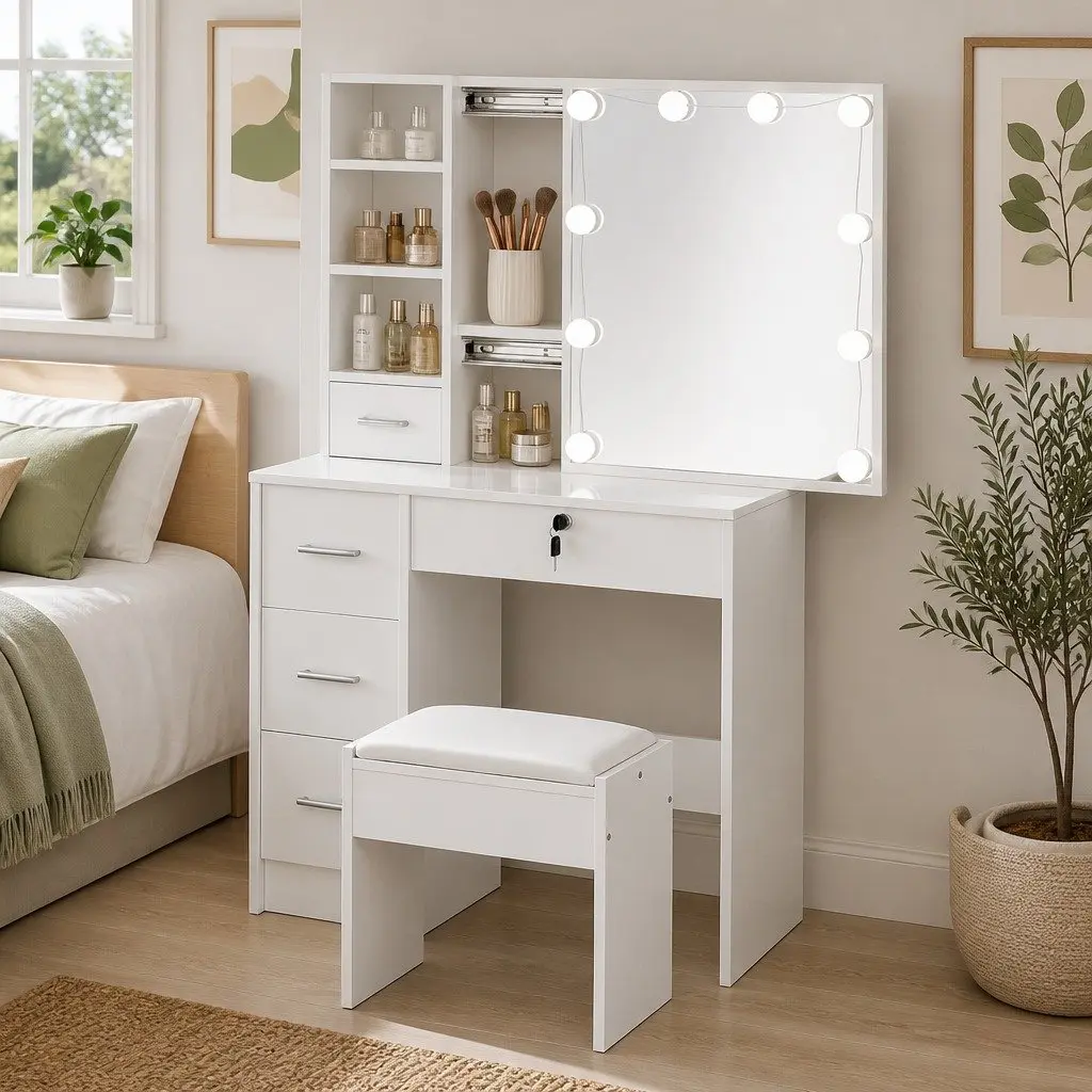 Dressing Table Set Vanity Makeup Stool White Hollywood Mirror LED Bulbs 80cm x 38.5cm x 131cm