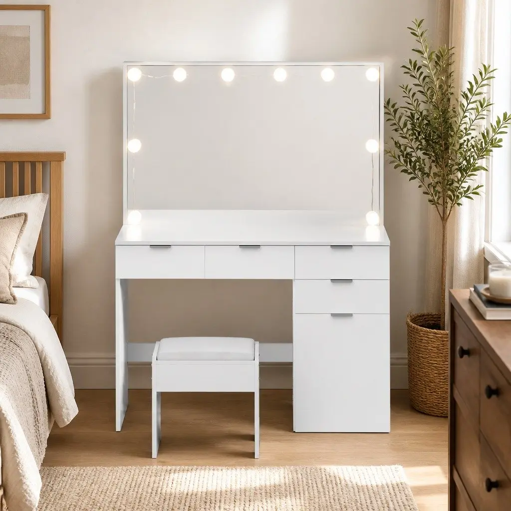 Dressing Table Vanity Set LED Mirror Stool White 105cm for Makeup Application and Grooming