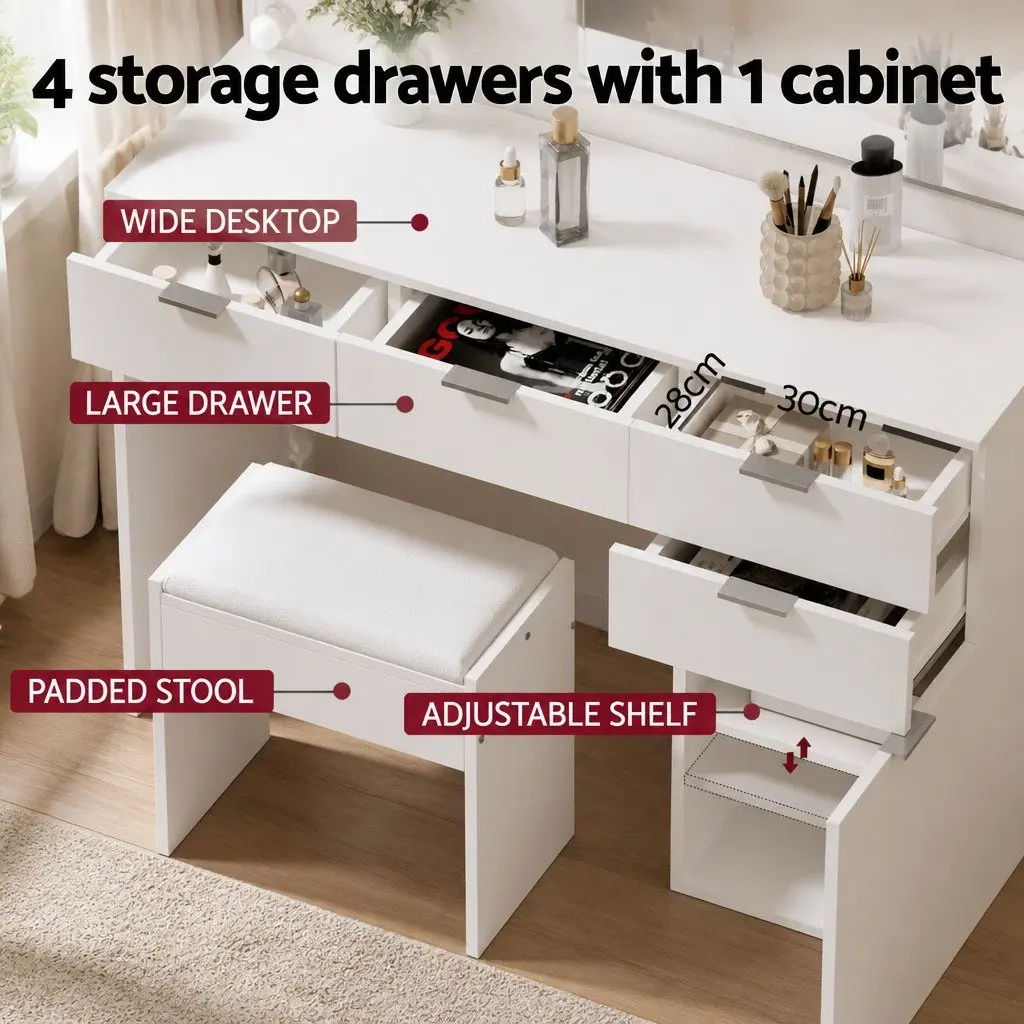 Dressing Table Vanity Set LED Mirror Stool White 105cm for Makeup Application and Grooming