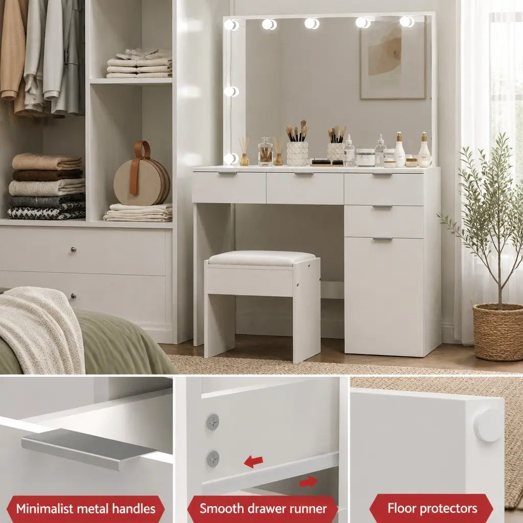 Dressing Table Vanity Set LED Mirror Stool White 105cm for Makeup Application and Grooming