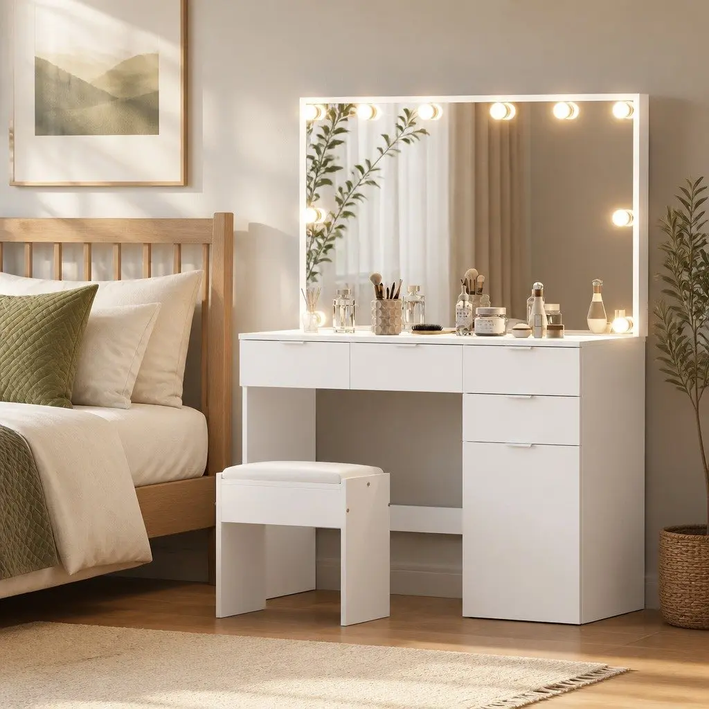 Dressing Table Vanity Set LED Mirror Stool White 105cm for Makeup Application and Grooming