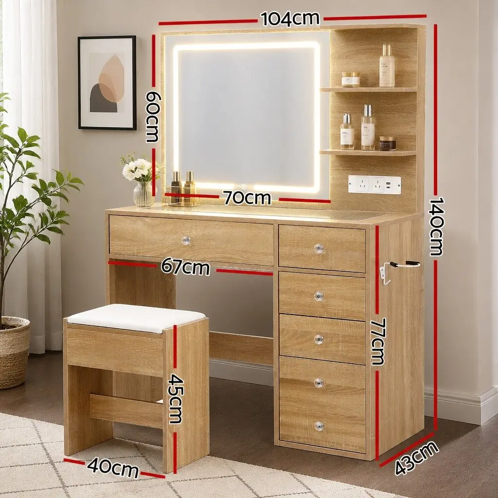 Dressing Table LED Vanity Desk Set with Stool Hollywood-style Mirror 104cm Wood