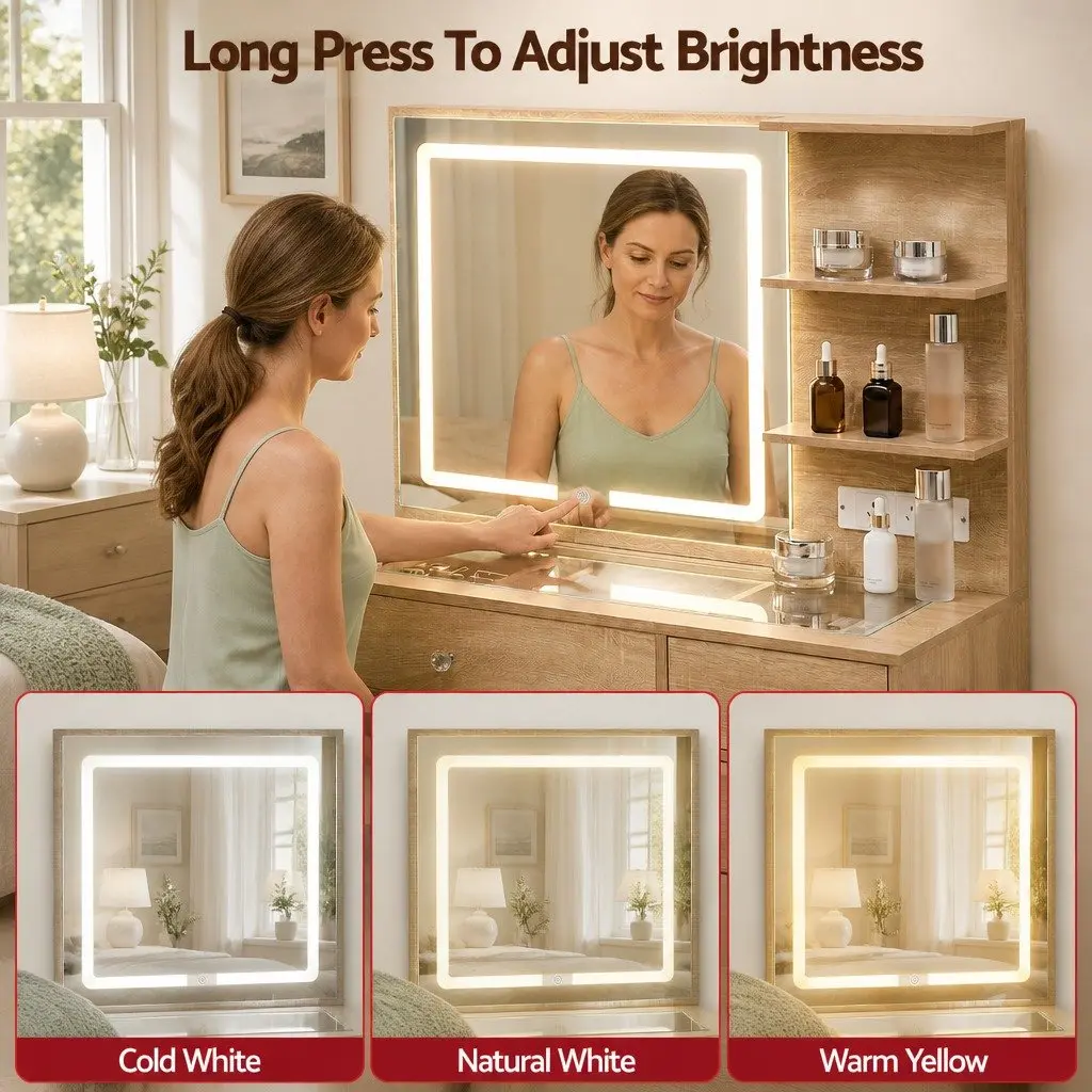 Dressing Table LED Vanity Desk Set with Stool Hollywood-style Mirror 104cm Wood