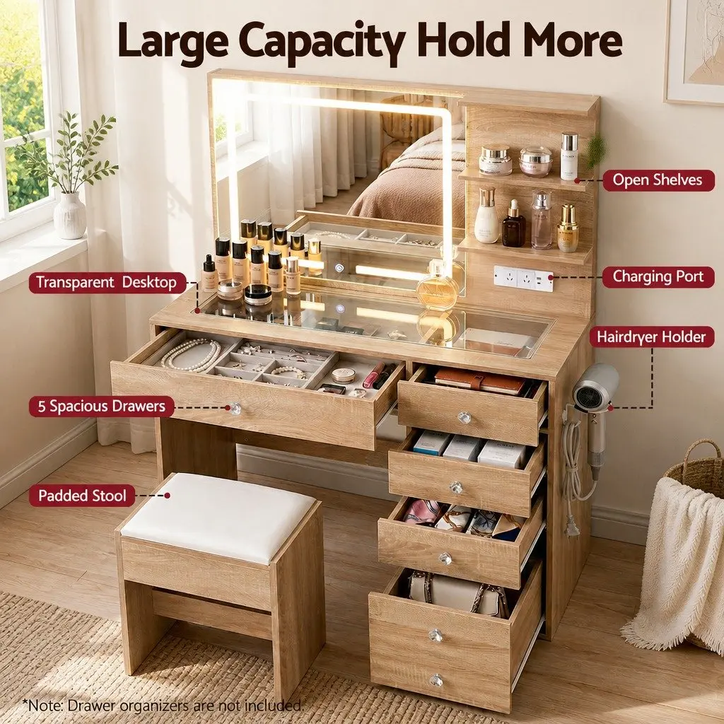 Dressing Table LED Vanity Desk Set with Stool Hollywood-style Mirror 104cm Wood