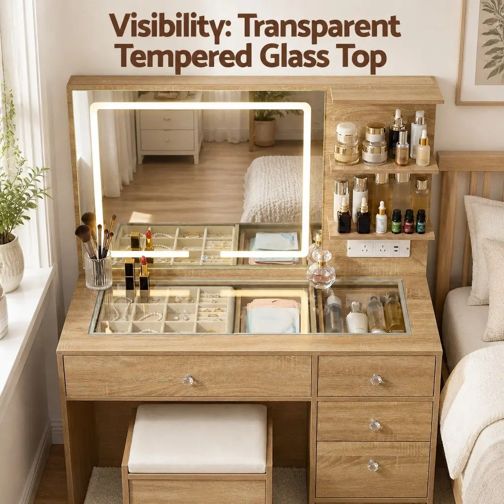 Dressing Table LED Vanity Desk Set with Stool Hollywood-style Mirror 104cm Wood