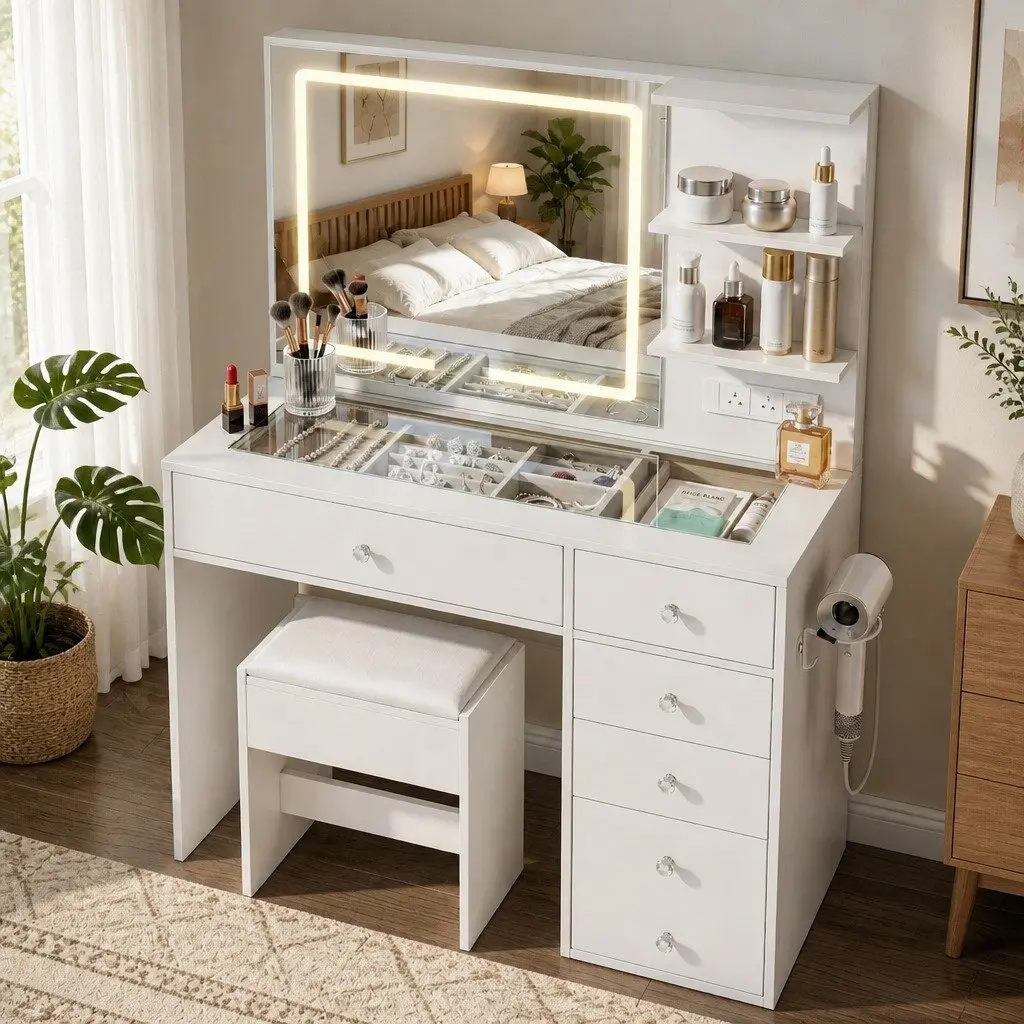 White LED Vanity Table with Charging Options
