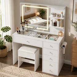 Reliable White LED Vanity Table with Charging Options