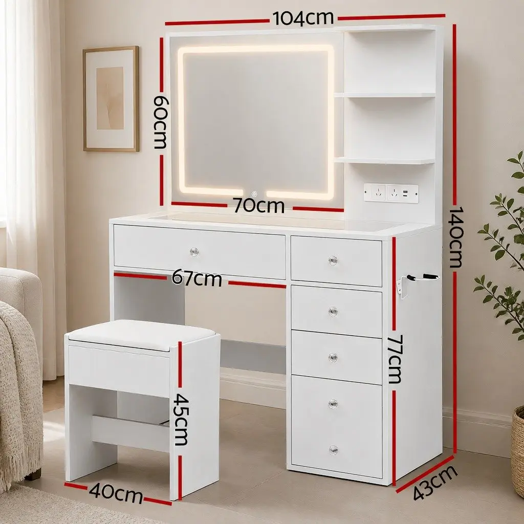 White LED Vanity Table with Charging Options