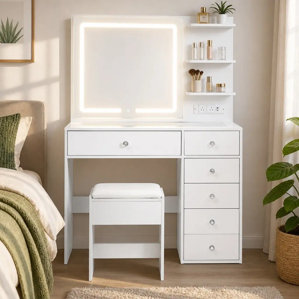 White LED Vanity Table with Charging Options
