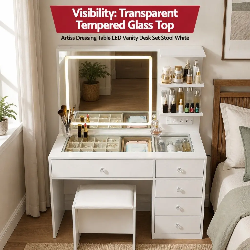 White LED Vanity Table with Charging Options