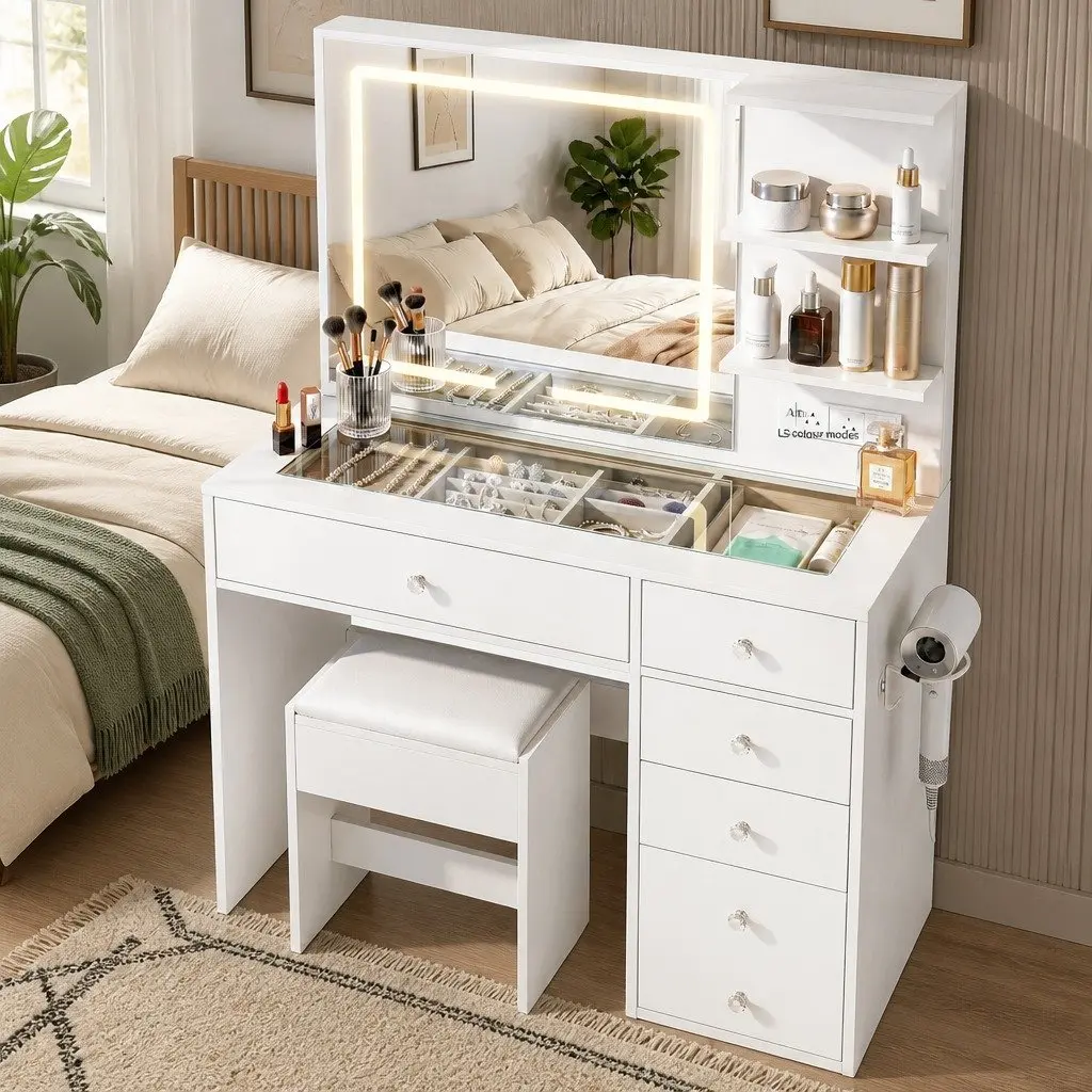 White LED Vanity Table with Charging Options