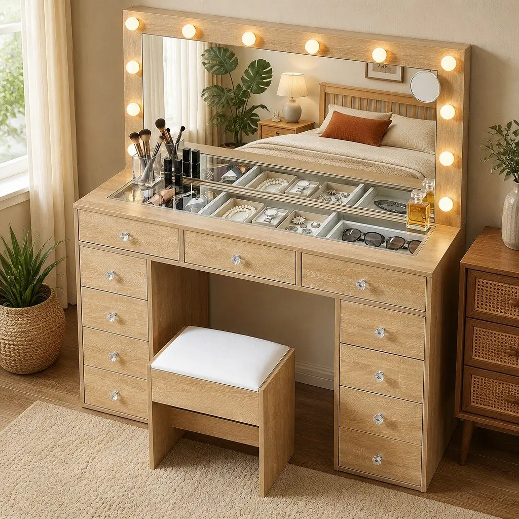 Dressing Vanity Desk with LED Makeup Mirror Stool Storage Drawers Wood