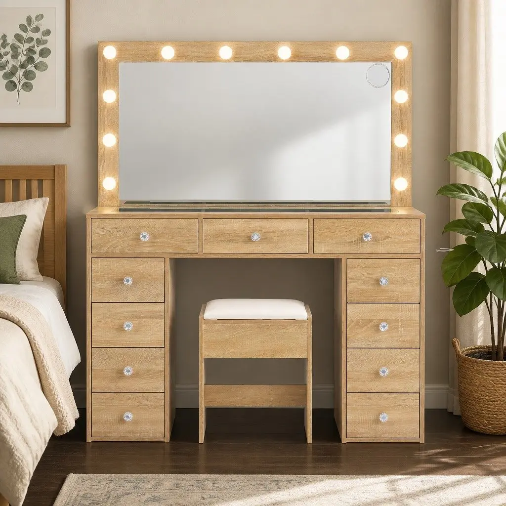 Dressing Vanity Desk with LED Makeup Mirror Stool Storage Drawers Wood