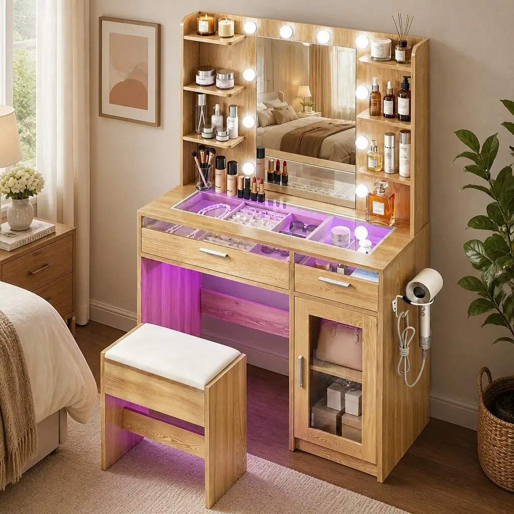 Dressing Table Vanity Desk with LED Mirror Makeup Storage Drawers Wood 90cm x 40cm x 142cm