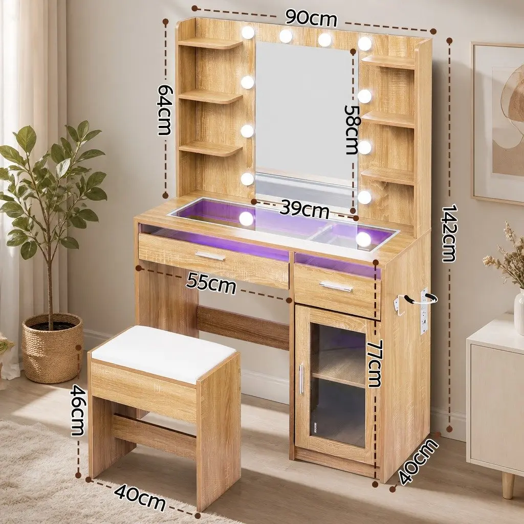 Dressing Table Vanity Desk with LED Mirror Makeup Storage Drawers Wood 90cm x 40cm x 142cm
