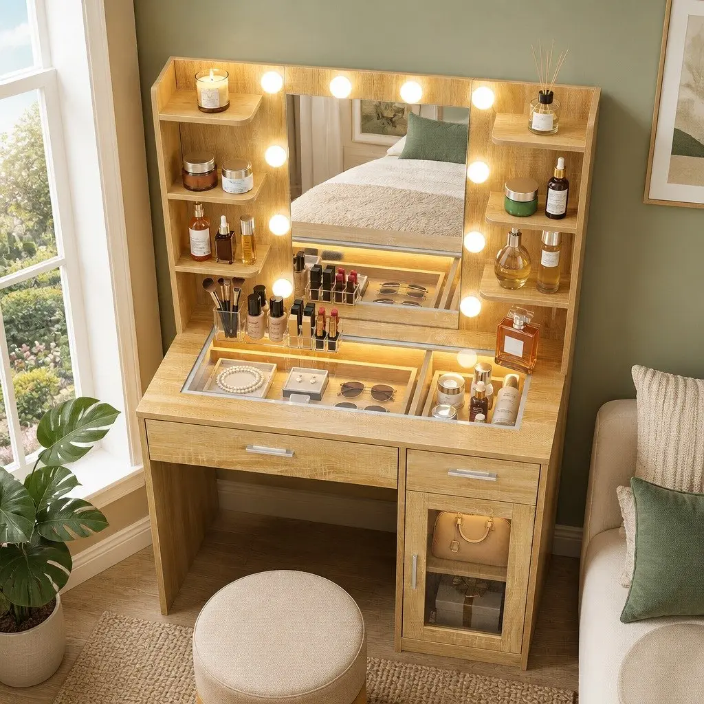 Dressing Table Vanity Desk with LED Mirror Makeup Storage Drawers Wood 90cm x 40cm x 142cm