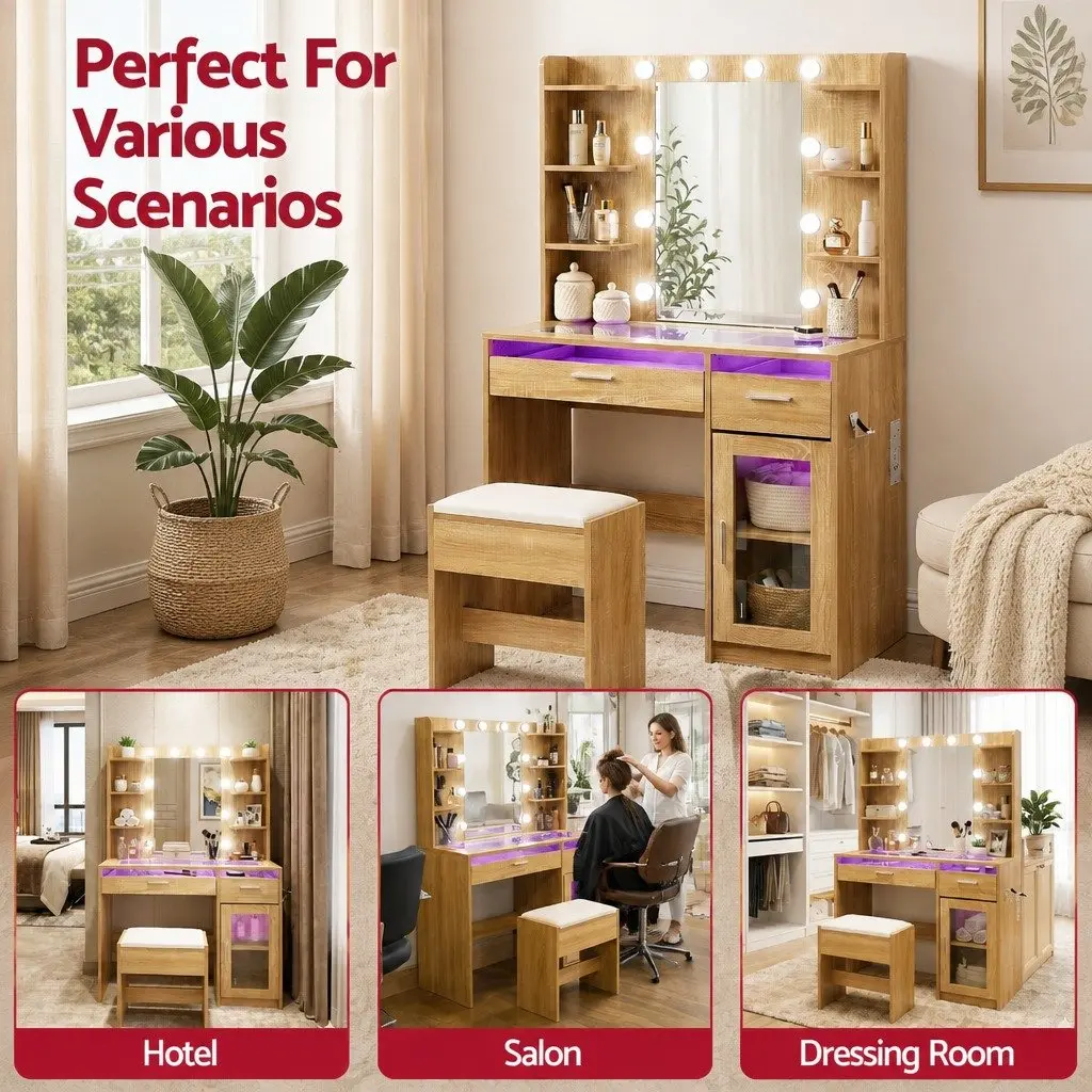 Dressing Table Vanity Desk with LED Mirror Makeup Storage Drawers Wood 90cm x 40cm x 142cm