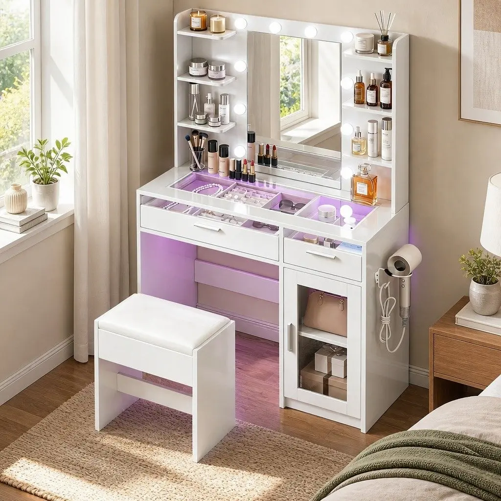 Dressing Vanity Desk with Lighting and Storage