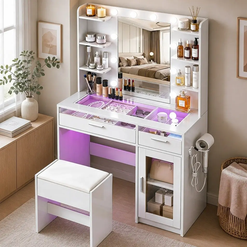 Dressing Table Vanity Desk with RGB Lighting 90cm White